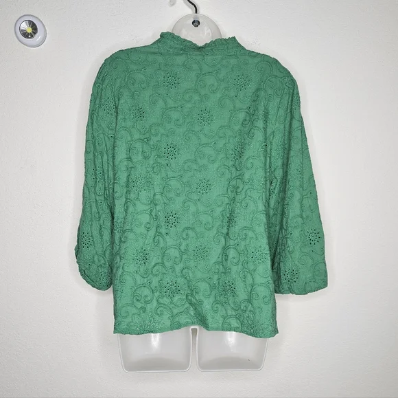 Soft Surroundings 100% Cotton Boho Embroidered Green Eyelet Puff Sleeve Blouse - Picture 6 of 9